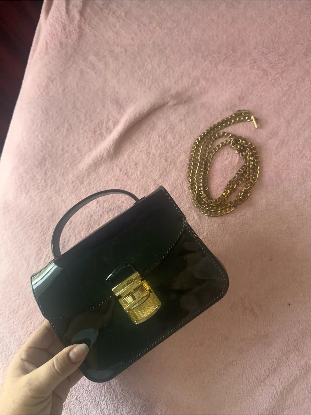 Black Patent Leather Top-Handle Shoulder Bag with Gold Hardware